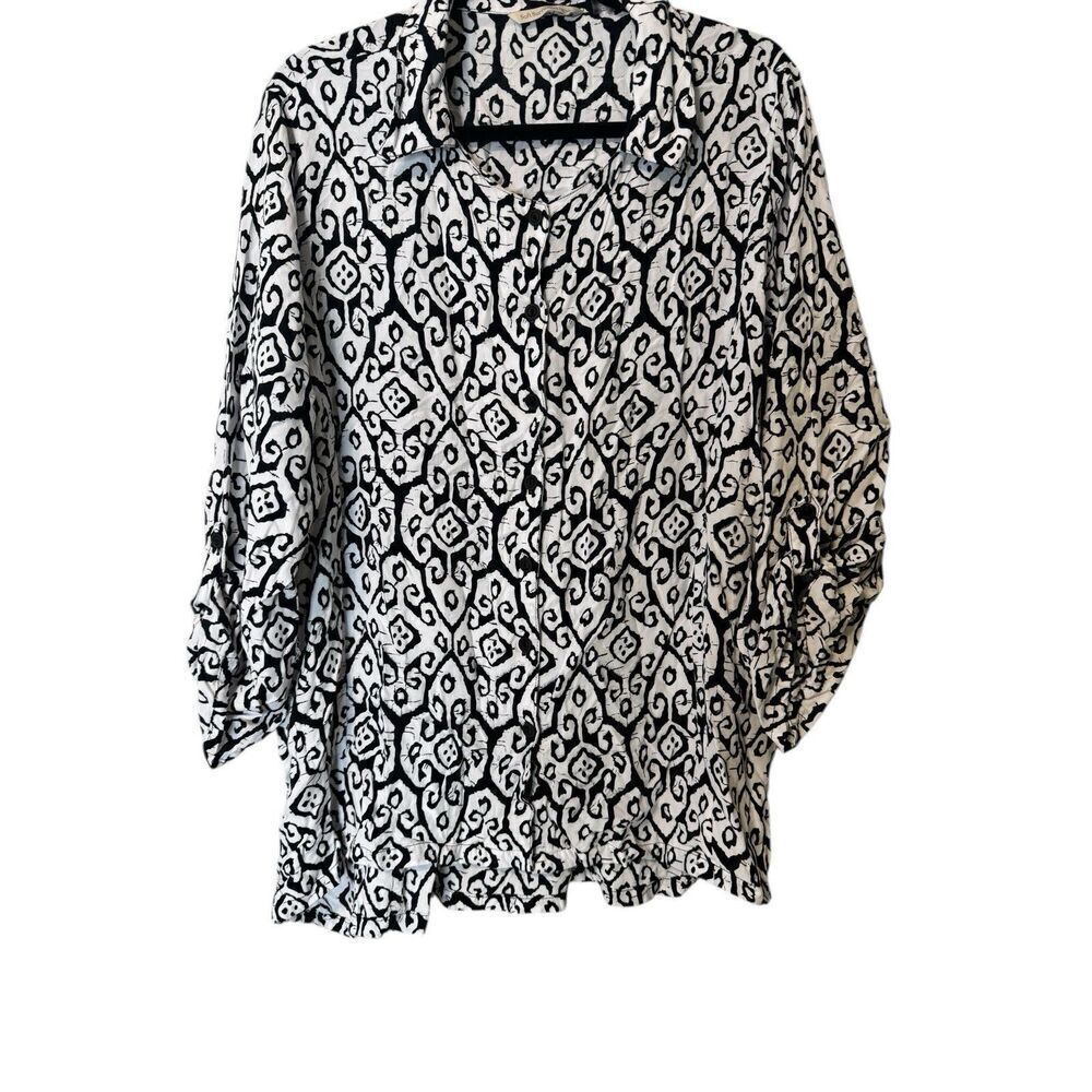 Soft Surroundings Salina Challis Batik Top Shirt Blouse Tunic Black White Sz L
